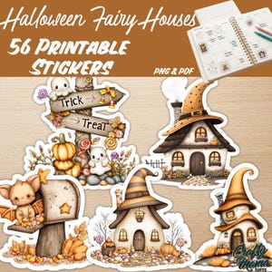 Halloween Fairy Homes Stickers Printable PNG PDF, Cozy Spooky House Clipart Sticker Pack, Whimsical Autumn Pixie, 56 Designs