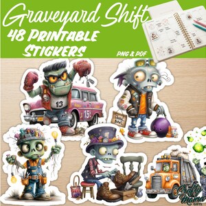 Op de afbeelding: Een verzameling van 48 printbare stickers getiteld Graveyard Shift, met cartoon-zombiefiguren waaronder een bokser met een roze auto, een bowler, een werker met gloeilampen, een schoenmaker en een vuilniswagenchauffeur, in PNG en PDF-formaat.