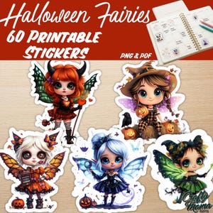 May include: A set of 60 printable Halloween Fairies stickers in PNG and PDF formats. The collection features five distinct fairy characters with large eyes, wings, and seasonal themes including pumpkins, black cats, and dark, festive attire.