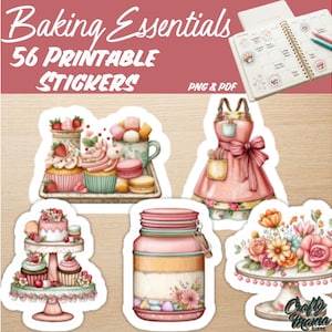 Baking Essentials Printable Stickers, Cute Apron Cupcake Clipart PNG, Dessert Stand Decor, Planner Stickers PDF