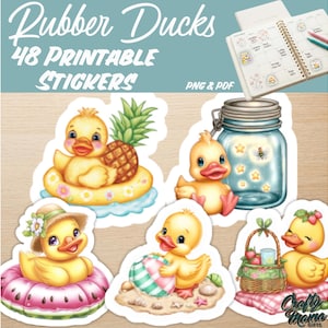 May include: A set of 48 printable stickers featuring yellow rubber ducks in various scenes, including a duck in a pineapple float, a duck with a mason jar, a duck in a watermelon float, a duck with a beach ball, and a duck with a picnic basket.