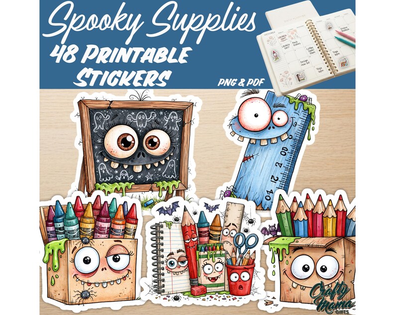 48 Printable Creepy School Stickers, Halloween School Supplies, Cute ...
