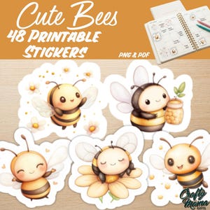 48 autocollants abeilles à imprimer | Abeille, bourdon, marguerite, fleurs | Autocollants pour agenda (PNG) | Télécharger le PDF