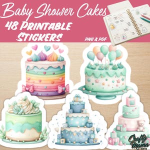 May include: A set of 48 printable digital stickers featuring illustrations of baby shower cakes in pastel colors. The designs include multi-layered cakes with balloons, bows, stars, and baby blocks. The text reads Baby Shower Cakes 48 Printable Stickers.