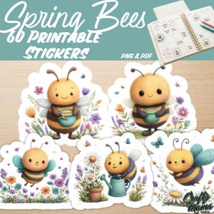 Autocollants imprimables d'abeilles printanières (PNG/PDF), clipart d'abeilles mignonnes, autocollants d'agenda abeilles (PNG)