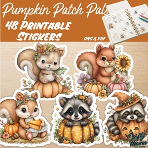 Pumpkin Patch Pals Printable Stickers, Cute Autumn Animals PNG, Fall Pumpkin Characters, Planner and Journal Stickers, Scrapbooking PNG