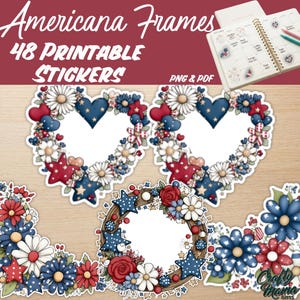 Peut inclure: Un ensemble de 48 autocollants imprimables intitulés Americana Frames, présentant des couronnes florales en forme de cœur et circulaires en rouge, blanc et bleu. Les motifs incluent des marguerites, des roses et des étoiles, en formats PNG et PDF.