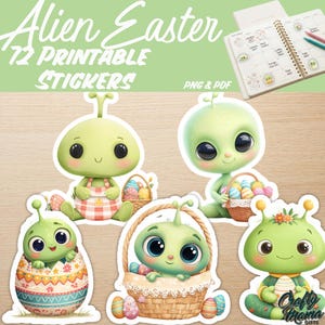 以下が含まれることがあります： 「Alien Easter」と題された72枚の印刷可能なステッカーセット。大きな黒い目をした緑色のエイリアンのキャラクターが描かれています。ステッカーには、カラフルなイースターエッグのバスケットを持ったり、装飾された卵の中に座ったり、柄物の服を着たりしているエイリアンの姿があります。
