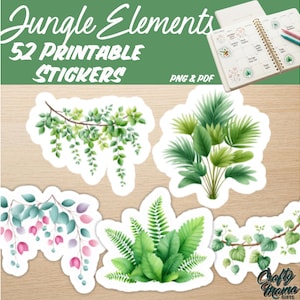Puede incluir: Un conjunto de 52 pegatinas imprimibles tituladas Jungle Elements, con ilustraciones en acuarela de varias plantas tropicales verdes, helechos y enredaderas colgantes con flores rosas, mostradas junto a una agenda con pegatinas.
