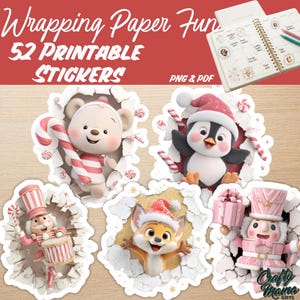 Lustige Geschenkpapier-Sticker zum Ausdrucken (PNG, PDF), niedliche Weihnachts-Sticker mit Bär, Pinguin, Fuchs und Nussknacker, Clipart-Set