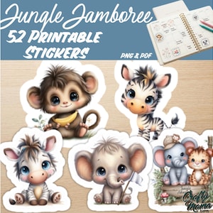 Jungle Jamboree Printable Stickers, Cute Elephant Monkey Clipart PNG, Baby Zebra Leopard Decor, Planner Stickers PDF