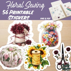 56 Floral Sewing Printable Stickers | Vintage Spool Thread Scissors Button Jar Pin Cushion Fussy Cuts | Planner PNG | PDF