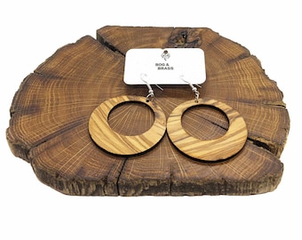 Bethlehem Olive wood circle dangle earrings in sterling silver.