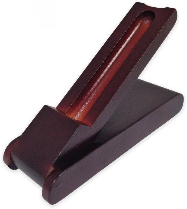 May include: A dark brown wooden pen holder with a hinged lid. The holder is open and the lid is propped up at an angle.