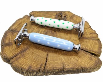 Custom star covered safety razor handles. A perfect shaving gift for him.