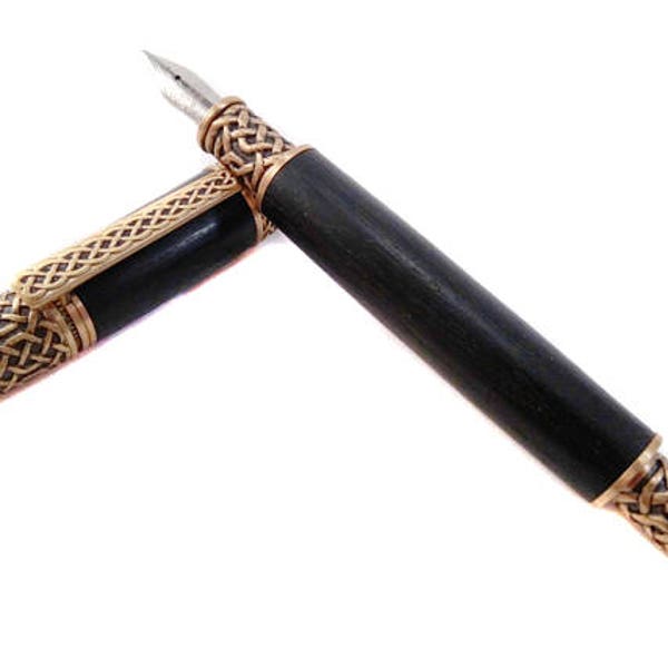 Irish bog oak celtic fountain pen, wooden fountain pen with brass scroll work.