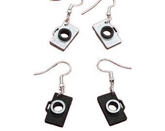 Wooden Camera Dangle Earrings, handpainted with sterling silver wires.