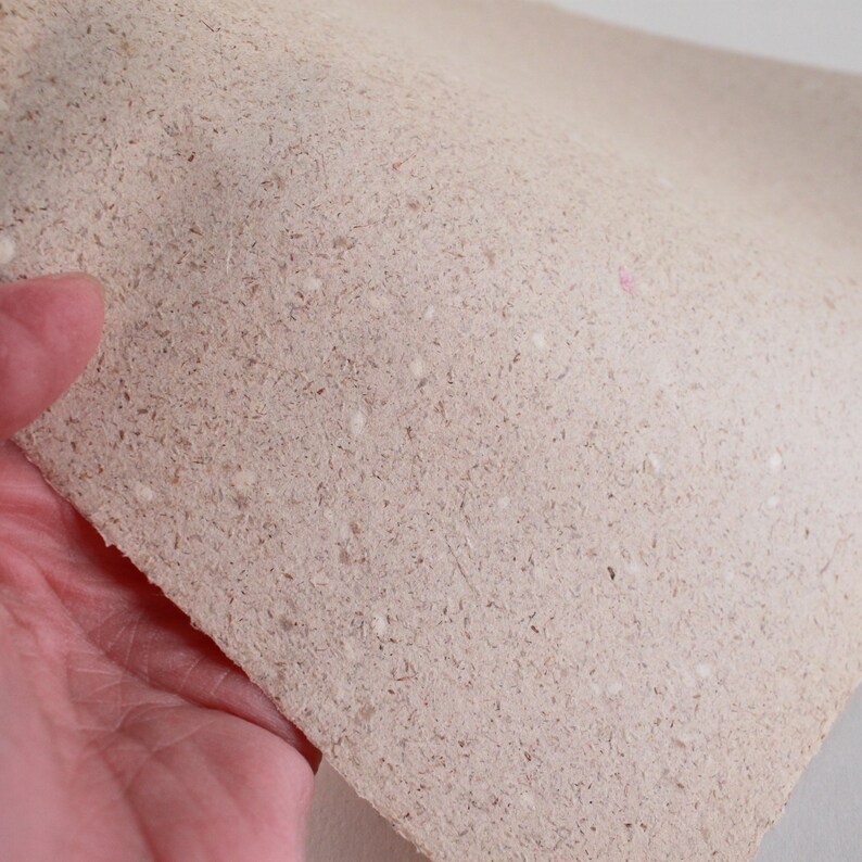 May include: Close-up of a sheet of textured, beige paper. The paper has a speckled appearance with small, light-colored flecks and fibers throughout. The paper is being held, with a hand visible in the lower left corner.