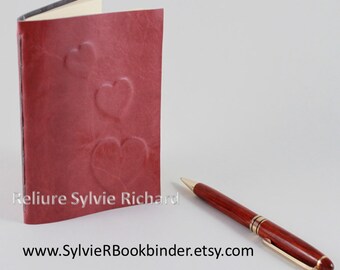 Old pink little Hearts Leather Notebook – small personal diary – tiny travel notebook –soft leather bookbinding decorated with little hearts