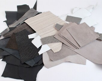 Assortment pieces of leather and suede #2, Lot of Small and medium scraps of black-grey, leathers and suedes, zero waste, fragments leathers