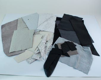Assortment pieces of leather and suede #27, Lot of Small and medium scraps of black-grey, leathers-suedes, zero waste, fragments leathers