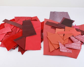 Lot of Small and medium scraps of Red-pink-violet leather#2, assortment pieces of leather, zero waste leather, fragments leather pieces