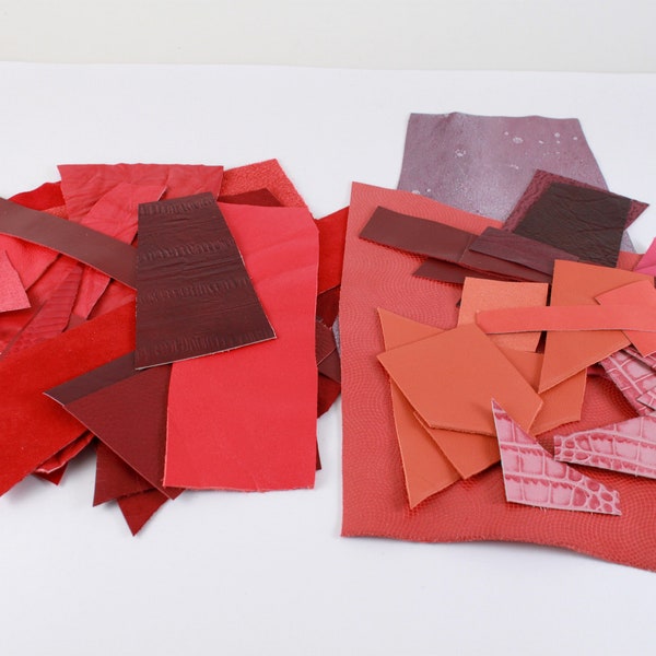 Lot of Small and medium scraps of Red-pink-violet leather#2, assortment pieces of leather, zero waste leather, fragments leather pieces