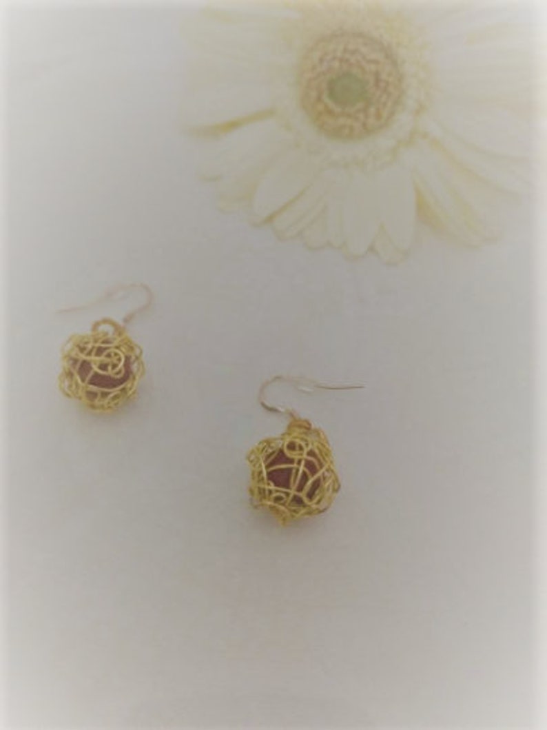 Handmade Ball Earrings Pearl Wire Wrapped Earrings Made with Brown Pearls and Gold Plated Artistic Wire Gift for Her