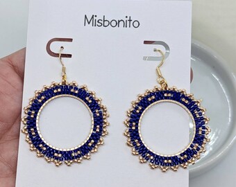 Blue Beaded Earrings, Round Disk Earrings Dangle, Beadwork Gift for Women, Disk Earrings, Artisan Hoop Earrings.