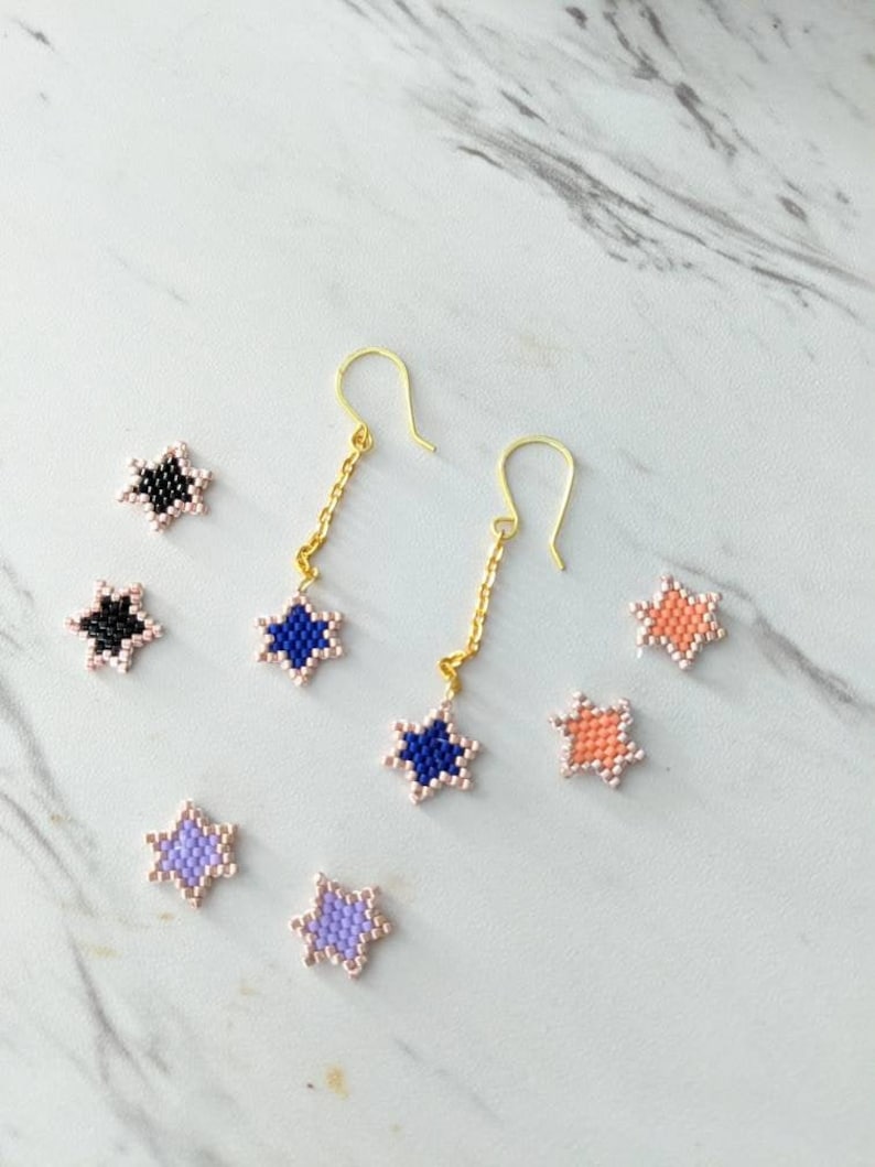 Made With Golden and Blue Miyuki Bead and Handmade Ear wires Blue Handmade Star Earrings