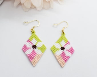 Diamond Shaped Earrings, Rhombus Beaded Earrings, Geometric Earrings, Flower Beaded Earrings, Miyuki Earrings for Women.