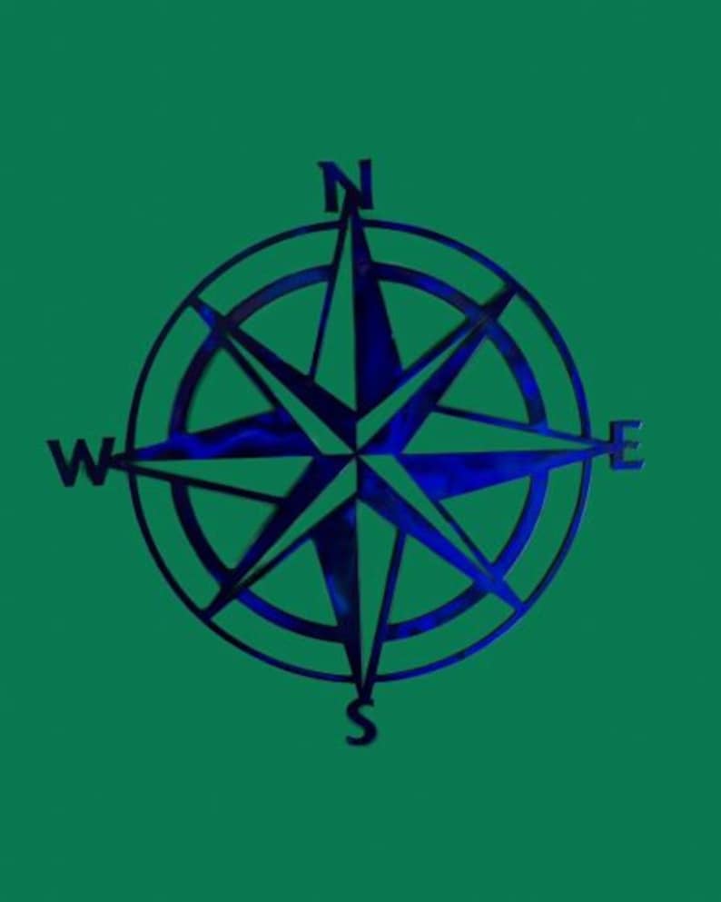 May include: A blue metal compass with a star-shaped design and the letters N, S, E, and W.