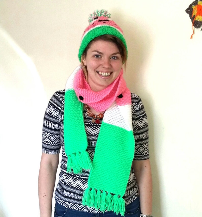 Watermelon hat Hand knitted pink white and green watermelon bobble hat