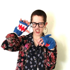 Shark mittens. Hand knitted blue shark mittens/fingerless gloves with mouth detail.