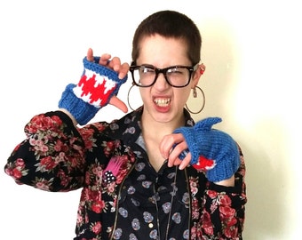 Shark mittens. Hand knitted blue shark mittens/fingerless gloves with mouth detail.