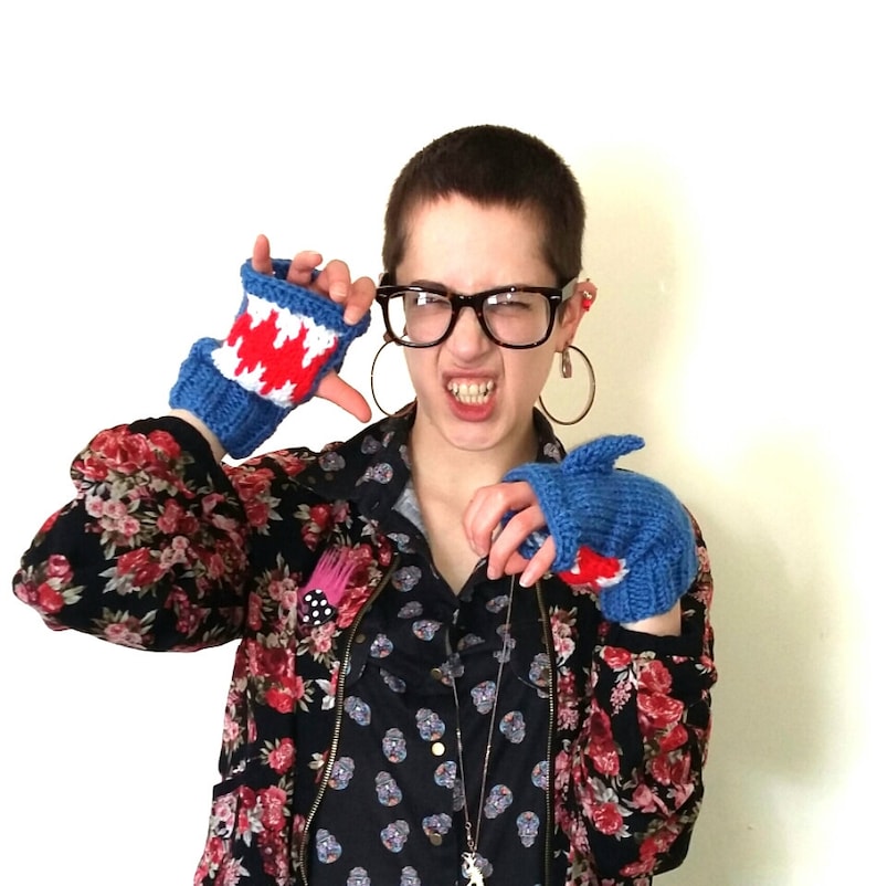 Shark mittens. Hand knitted blue shark mittens/fingerless gloves with mouth detail. image 1