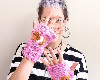 Guinea pig mittens. Handmade chunky knit pink and orange handwarmers/gloves