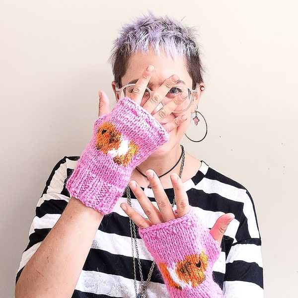 Guinea pig mittens. Handmade chunky knit pink and orange handwarmers/gloves