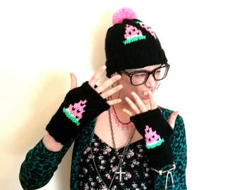 Watermelon hat. Handmade chunky knit pink, green and black bobble hat/beanie