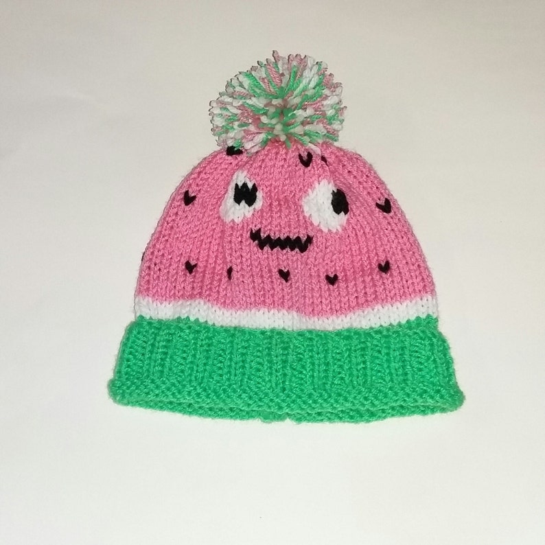 Watermelon hat Hand knitted pink white and green watermelon bobble hat