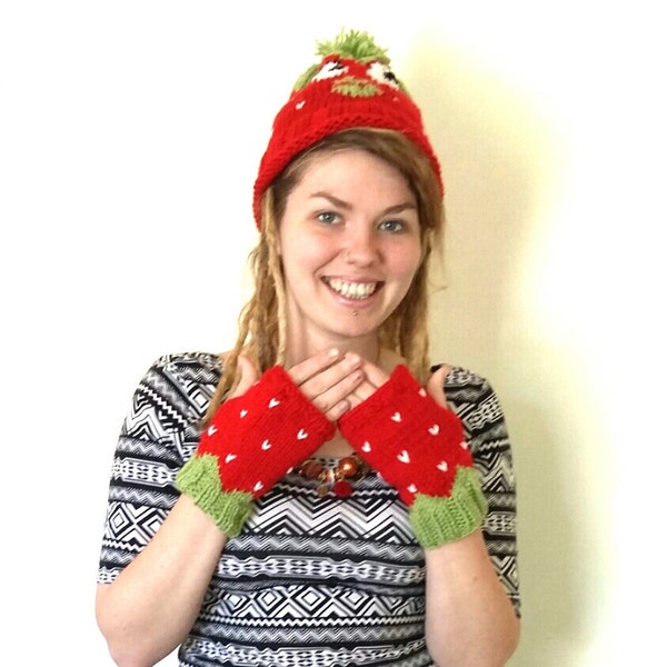 Strawberry mittens. Hand knitted red and green fingerless gloves/mittens