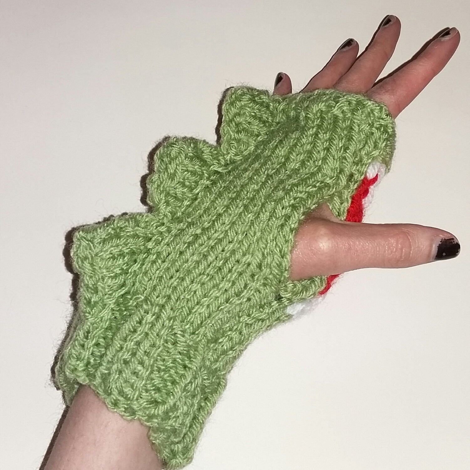Knitting Pattern Dinosaur Mittens. Hand Knitted Green Dino Mittens/fingerless Gloves With Mouth