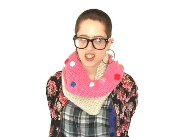 Donut Snood. Handmade pink and beige infinity scarf with polka dot detail