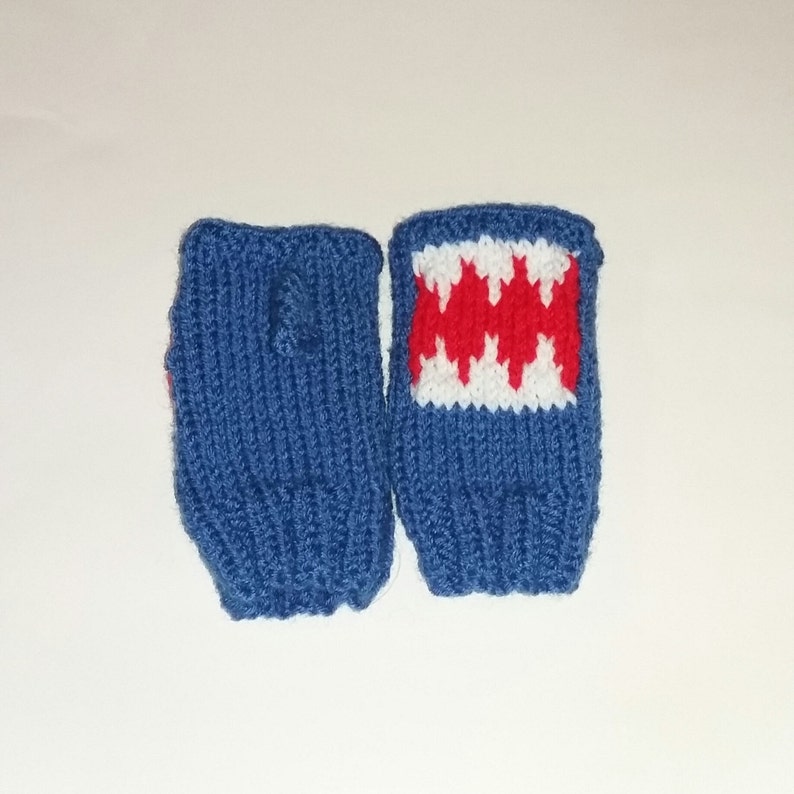 Shark mittens. Hand knitted blue shark mittens/fingerless gloves with mouth detail. image 3