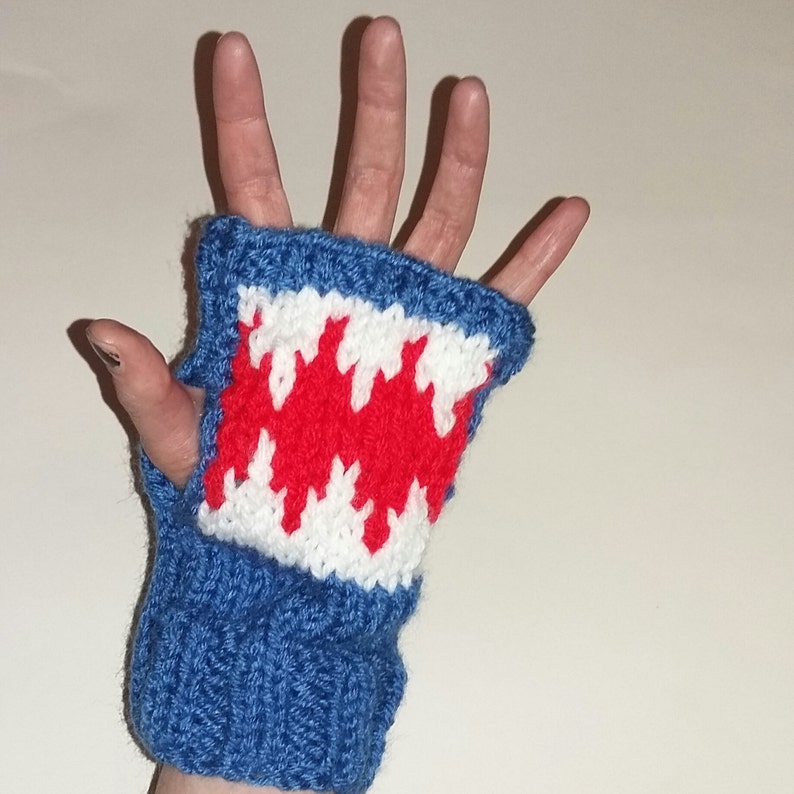 Shark mittens. Hand knitted blue shark mittens/fingerless gloves with mouth detail. image 5