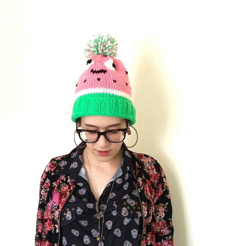 Watermelon hat Hand knitted pink white and green watermelon bobble hat