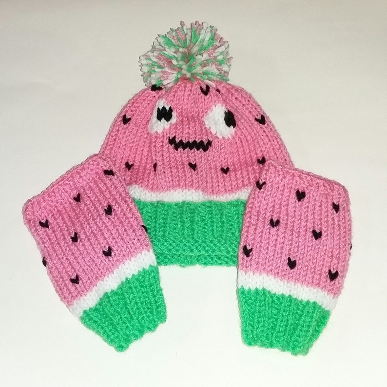 Watermelon hat Hand knitted pink white and green watermelon bobble hat