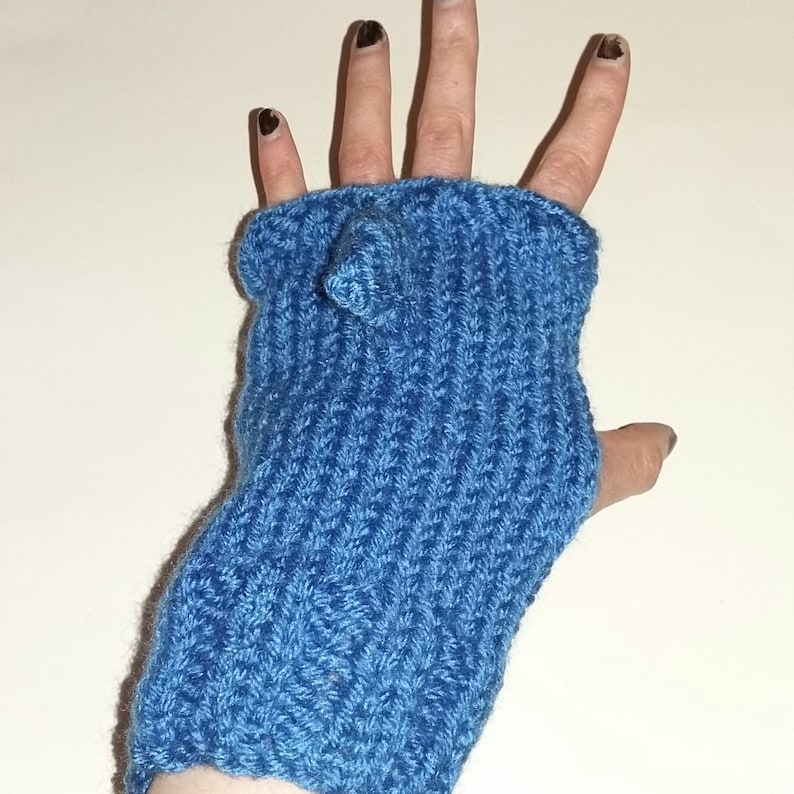 Shark mittens. Hand knitted blue shark mittens/fingerless gloves with mouth detail. image 4