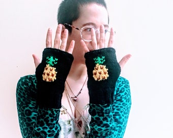 Pineapple mittens. Handmade chunky knit yellow, green and black handwarmers/gloves