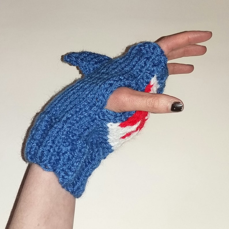 Shark mittens. Hand knitted blue shark mittens/fingerless gloves with mouth detail. image 2